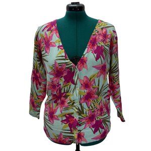 Merona Womens Floral Cardigan Sweater XL Cotton Blend Pink & Green